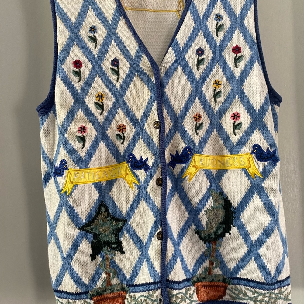 Vintage Quacker Factory Blue and White Floral Vest NWOT